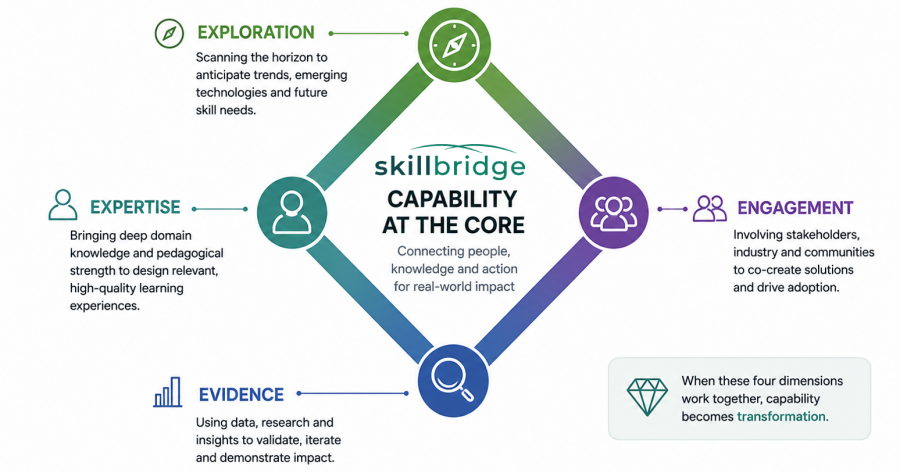 SKILLBRIDGE Capability Diamond with exploration, evidence, expertise and engagement